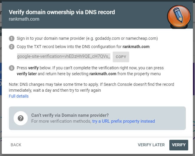 methods to verify property in search console