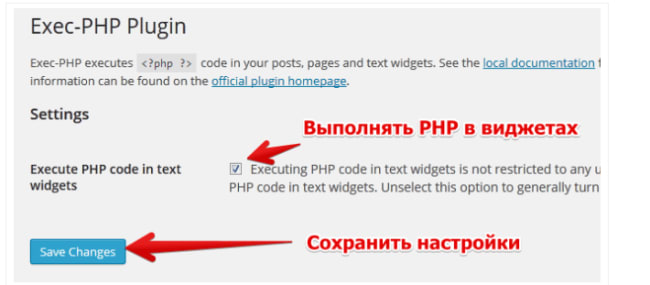 опции плагина Exec-PHP
