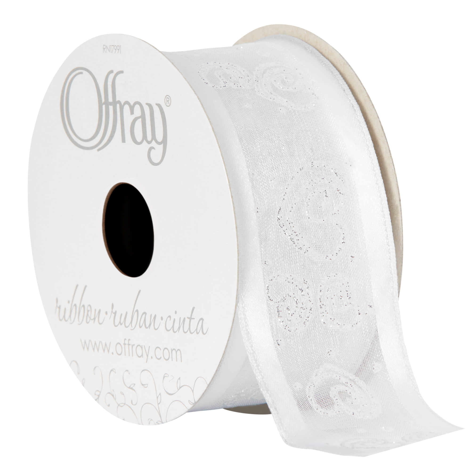 Offray Ribbon, White 1 1/2 inch Wired Edge Sheer Sheer Ribbon, 9