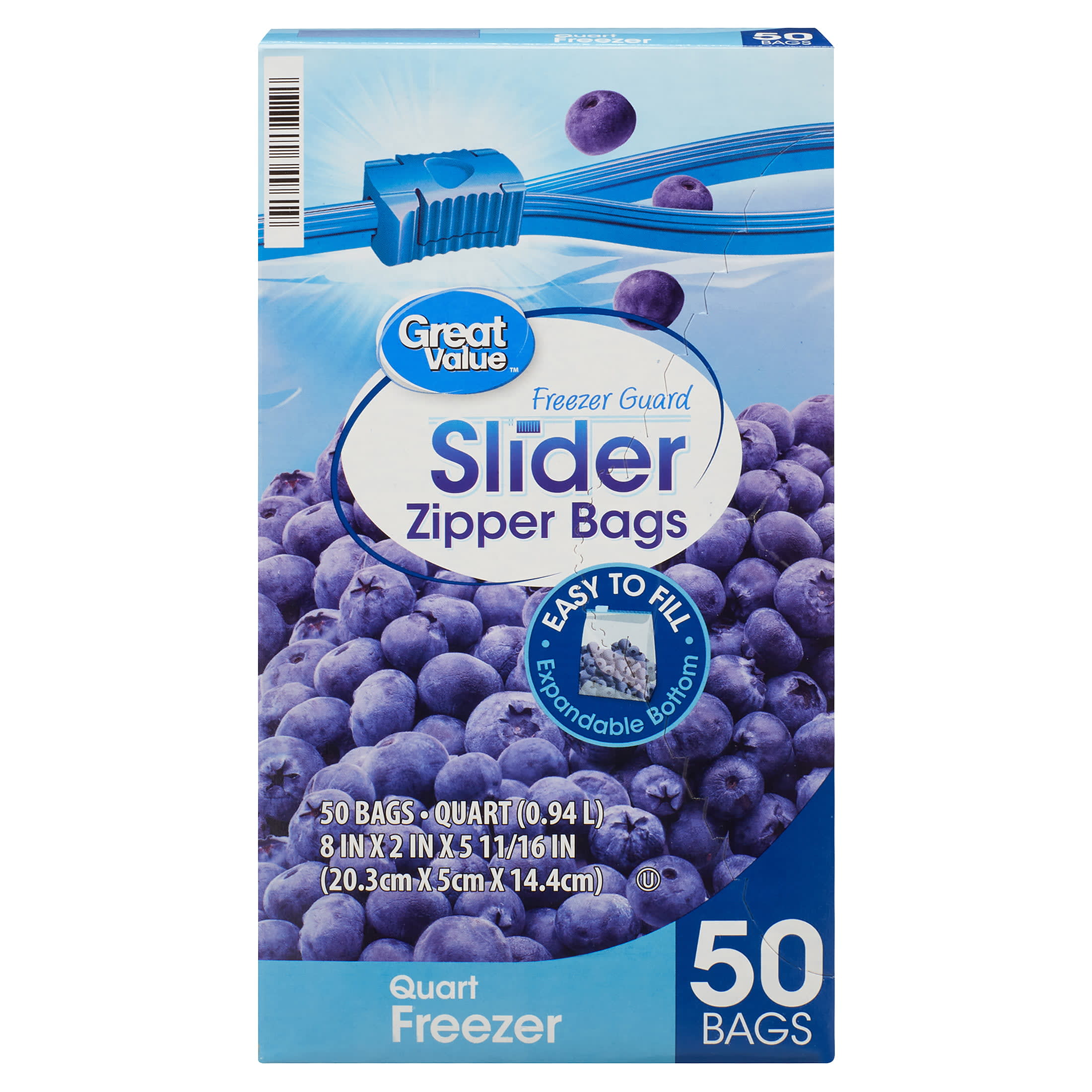 Great Value Fresh Seal Slider Zipper Bags, Quart Storage, 50 Count