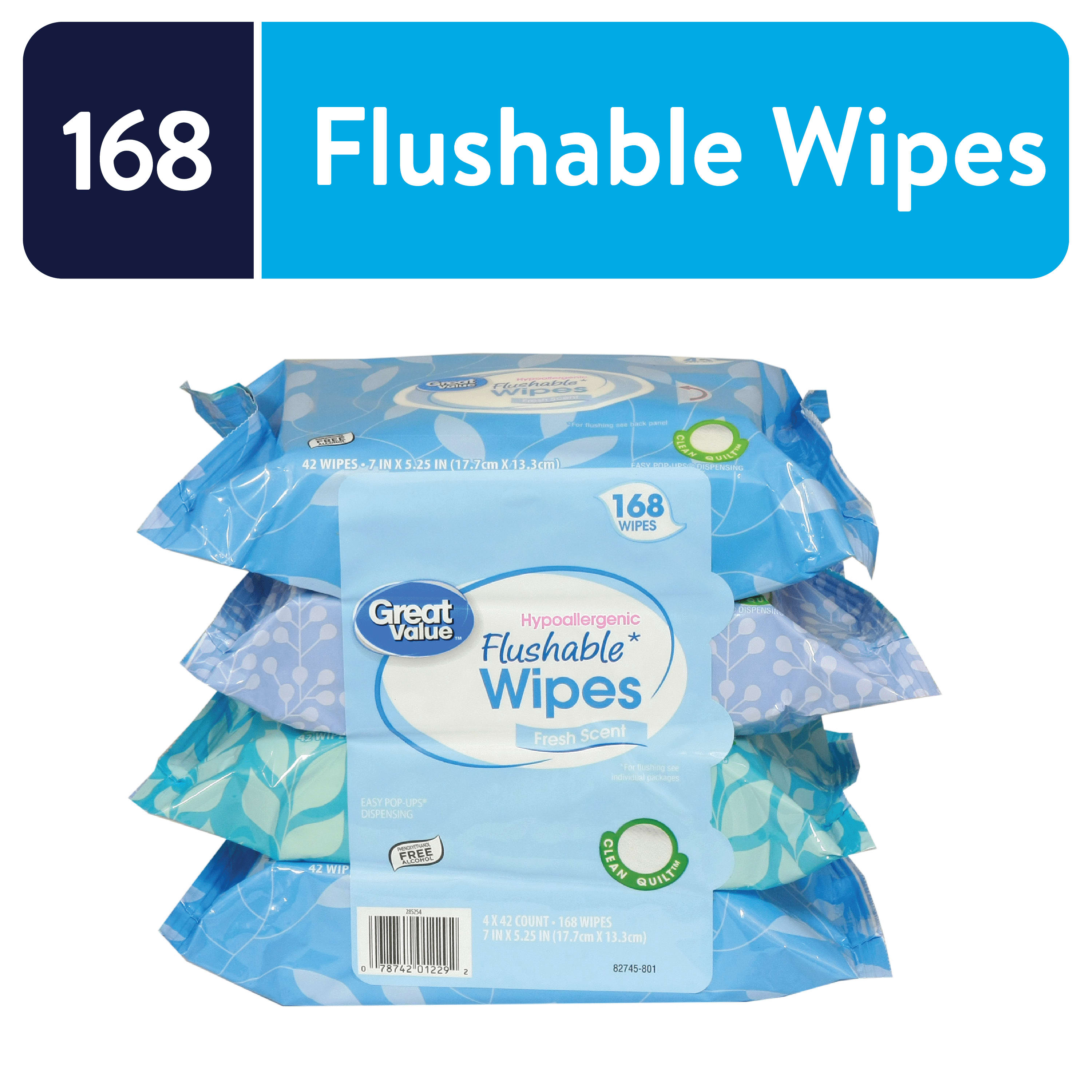 Great Value Fresh Scent Flushable Wipes, 4 Resealable Packs, 168 Total