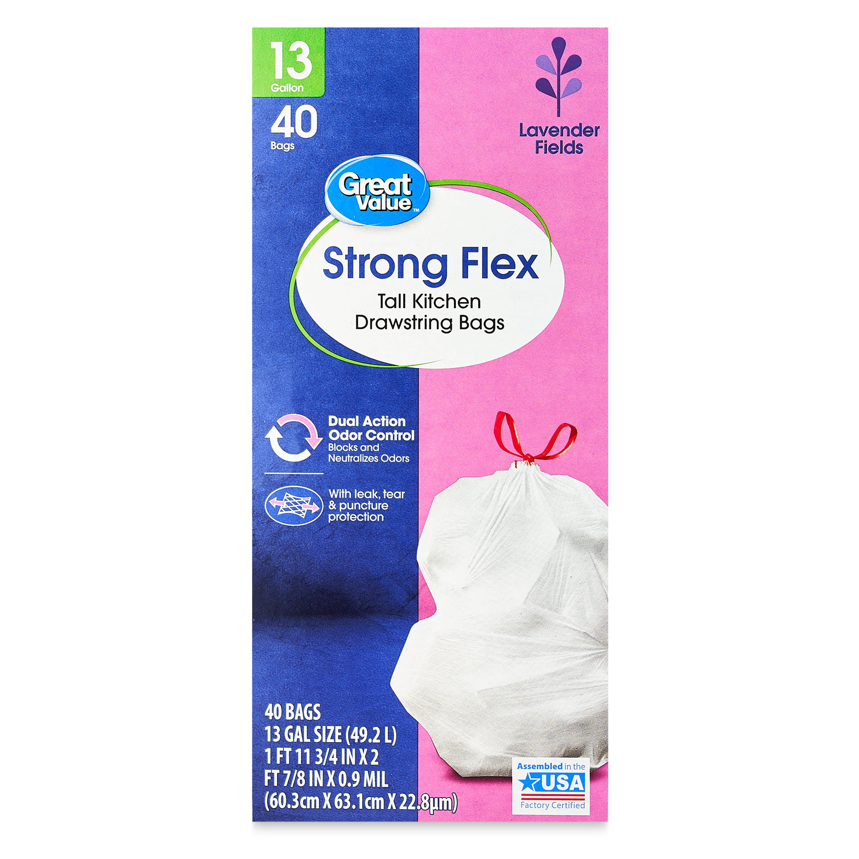 Great Value Strong Flex 13-Gallon Drawstring Tall Kitchen Trash Bags,  Lavender Fields, 40 Bags - DroneUp Delivery