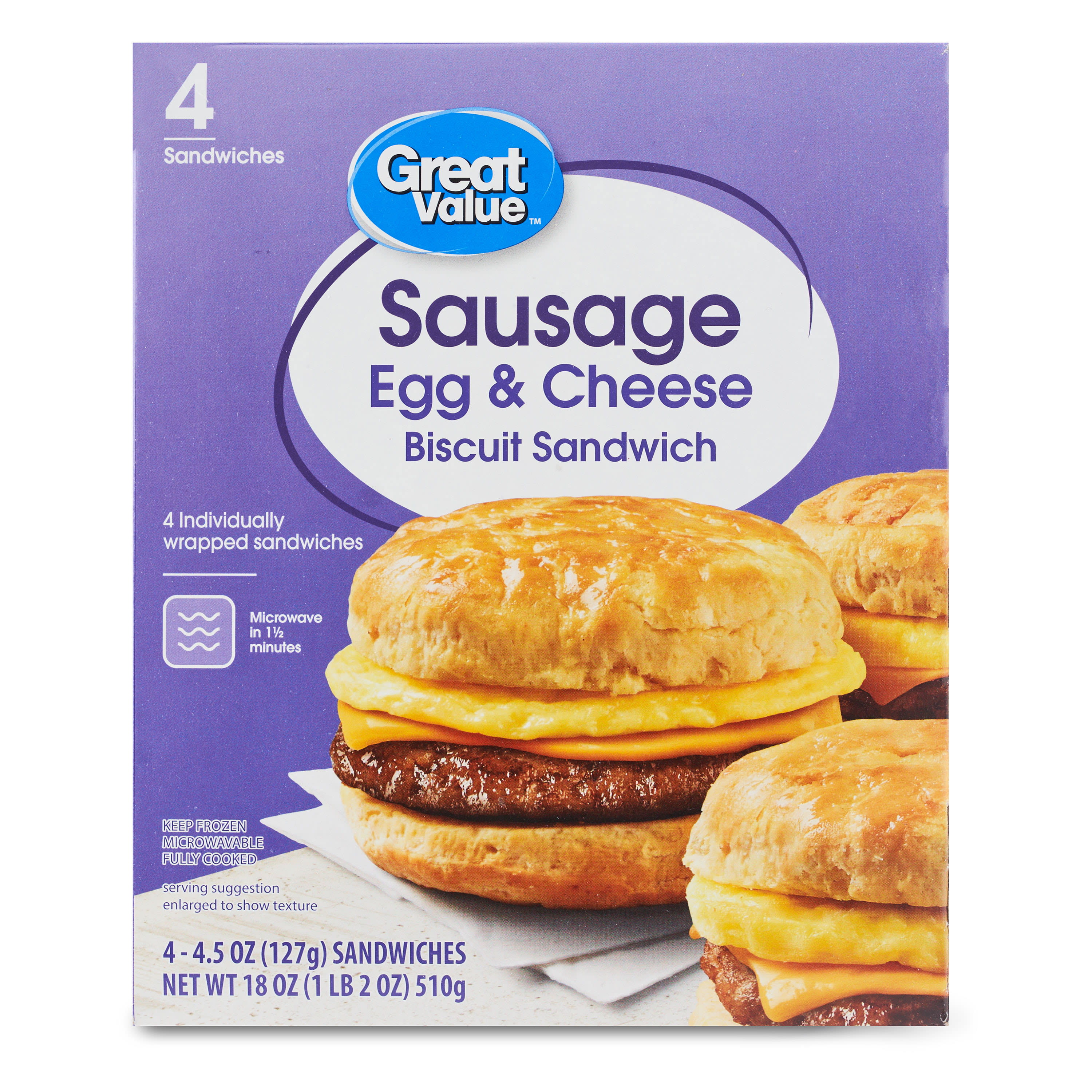 Great Value Biscuit Sandwiches Sausage Egg and Cheese, 4 Count (Frozen