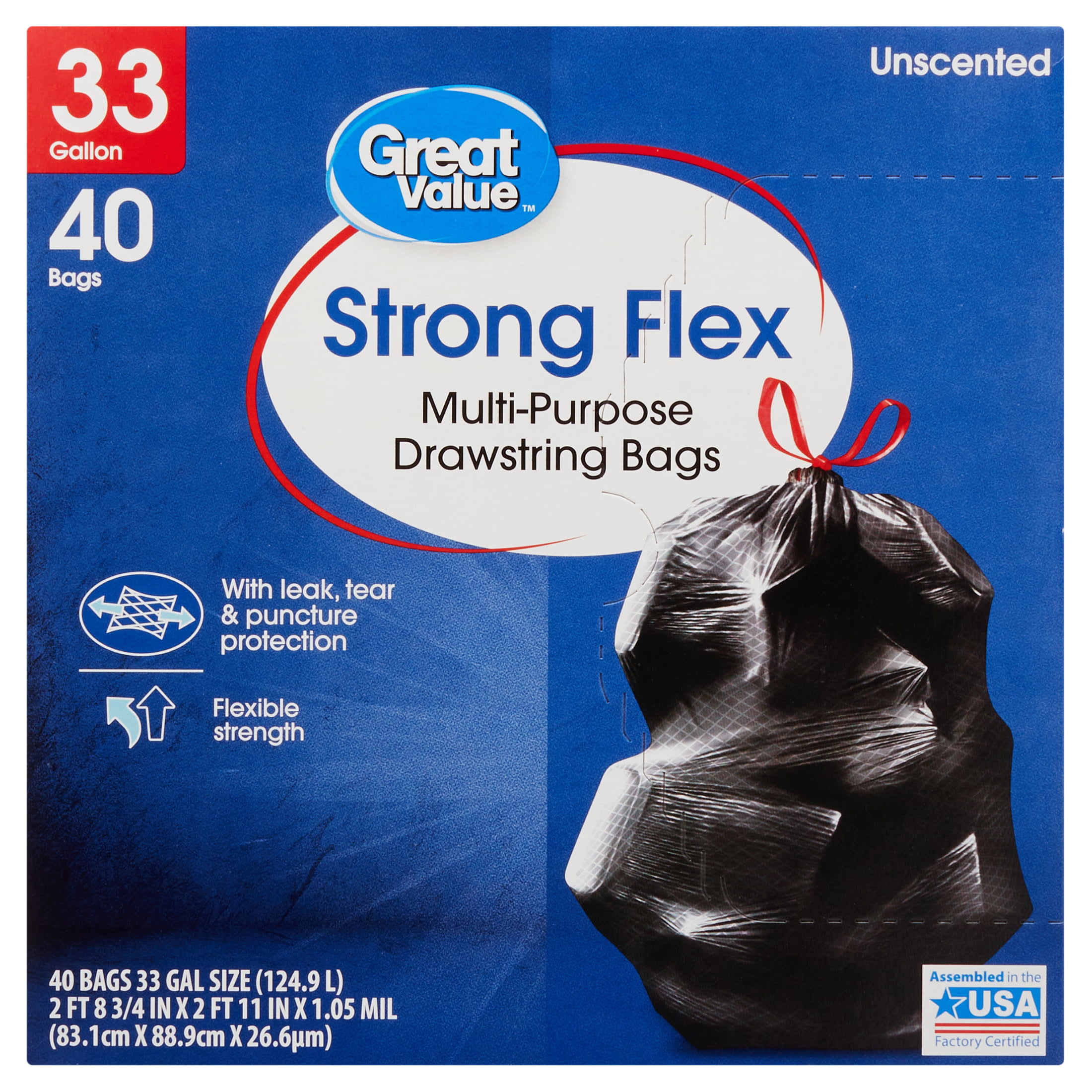 Great Value Strong Flex Tall Kitchen Drawstring Bags, Unscented, 13 Gallon, 80 Count