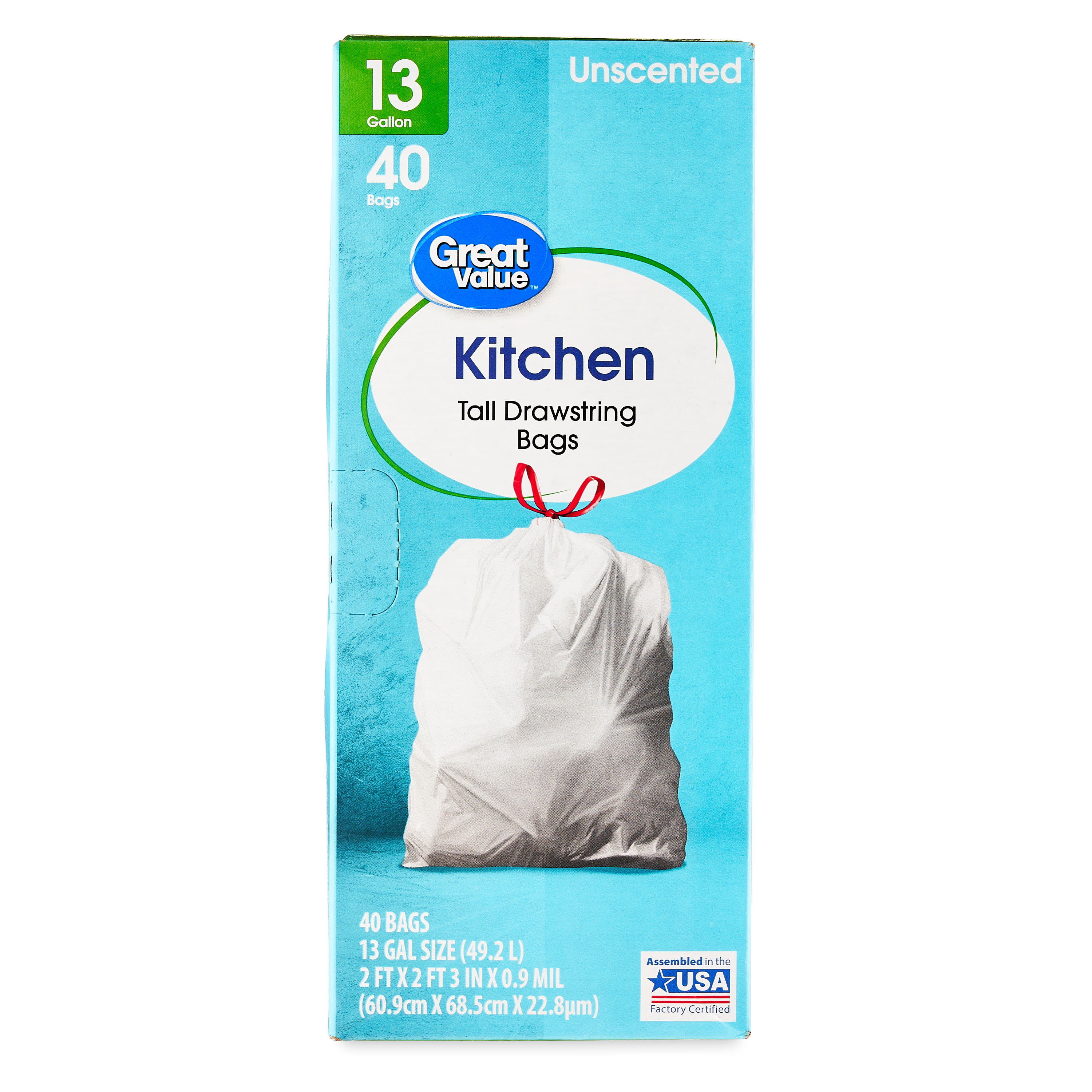 Great Value 13-Gallon Drawstring Tall Kitchen Trash Bags, Unscented, 40 Bags  - DroneUp Delivery