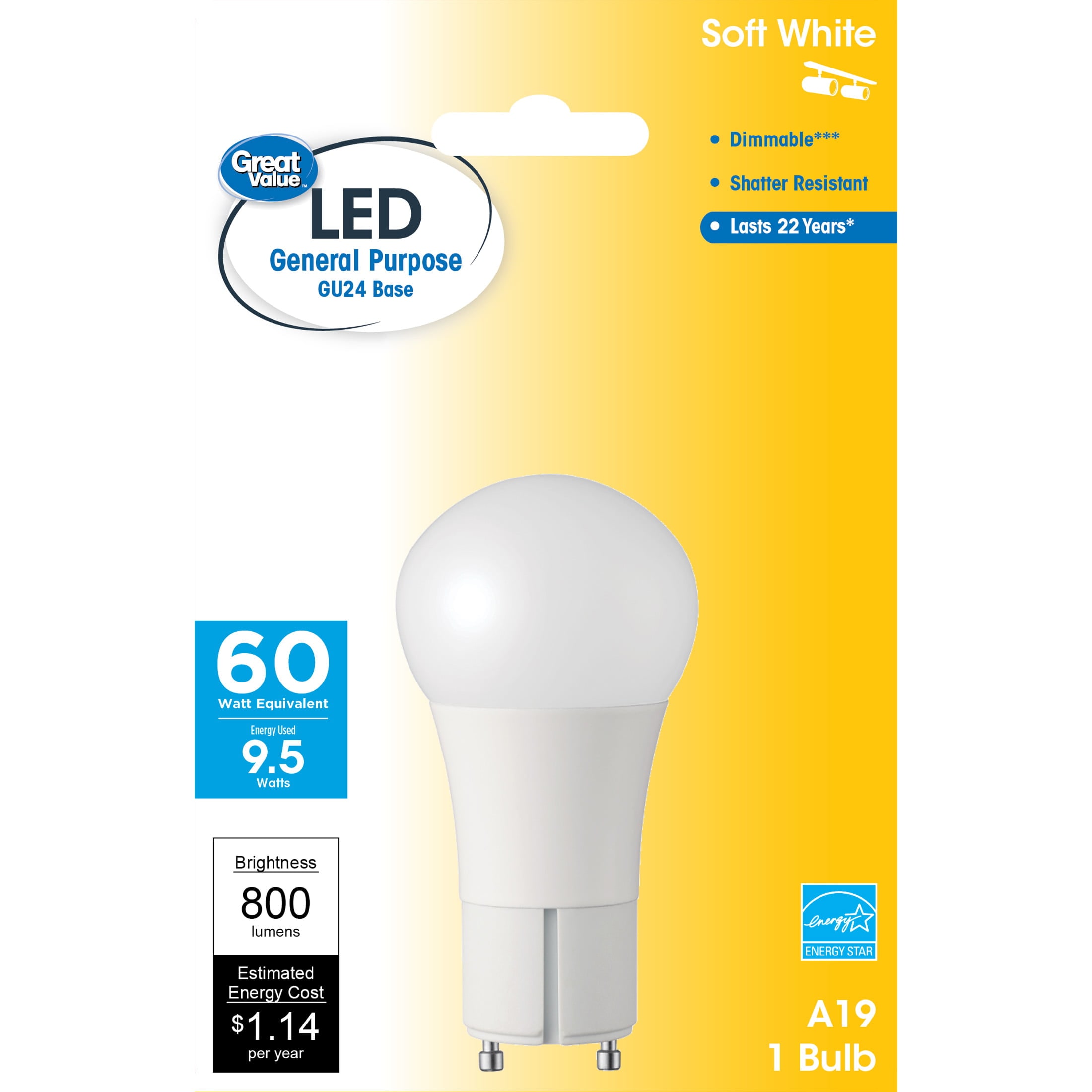 Great Value LED Light Bulb, 3.5W (25W Equivalent) T10 Clear Tube Lamp E26  Medium Base, Dimmable, Soft White, 1-Pack