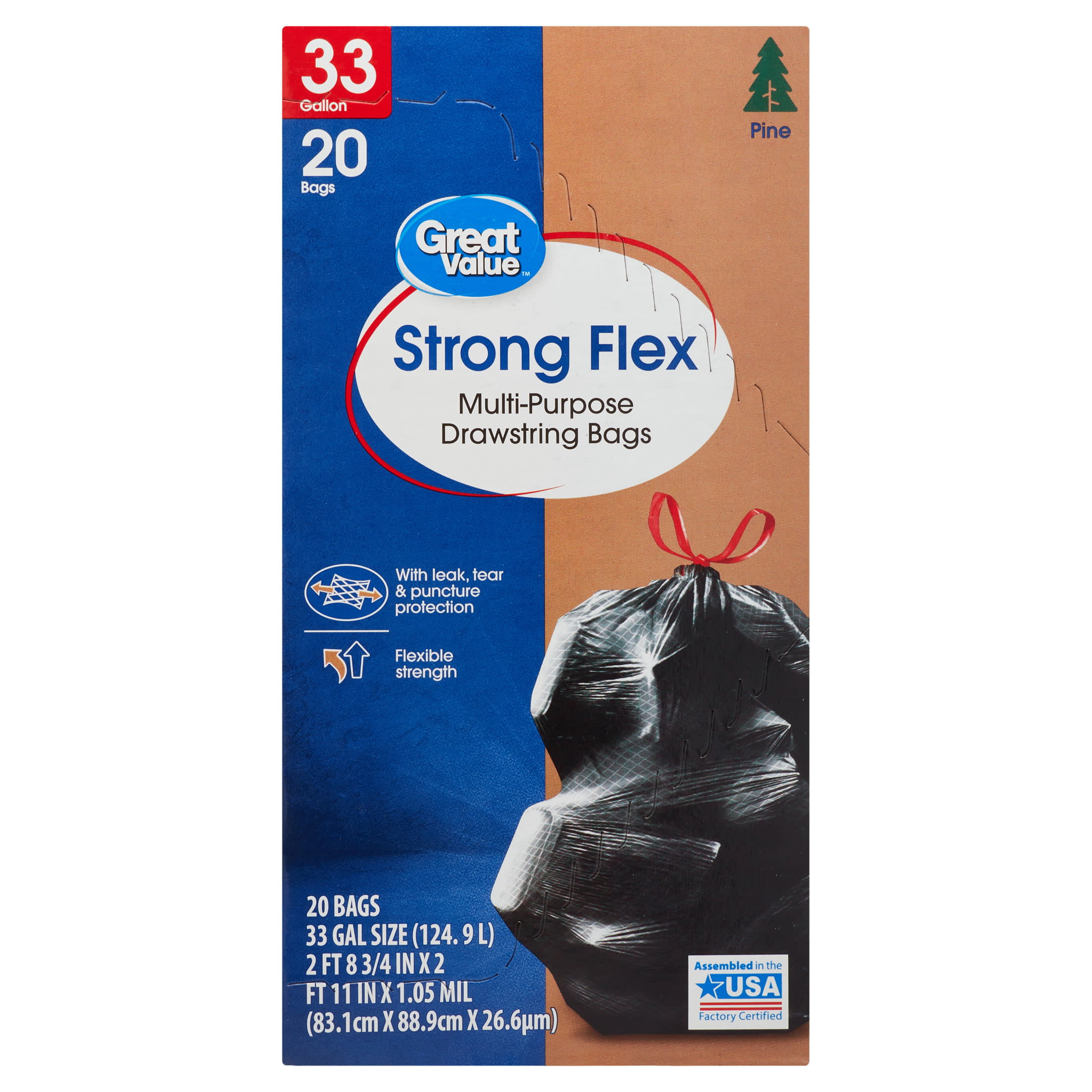 Great Value Strong Flex Multi-Purpose Drawstring Bags, 33 Gallon