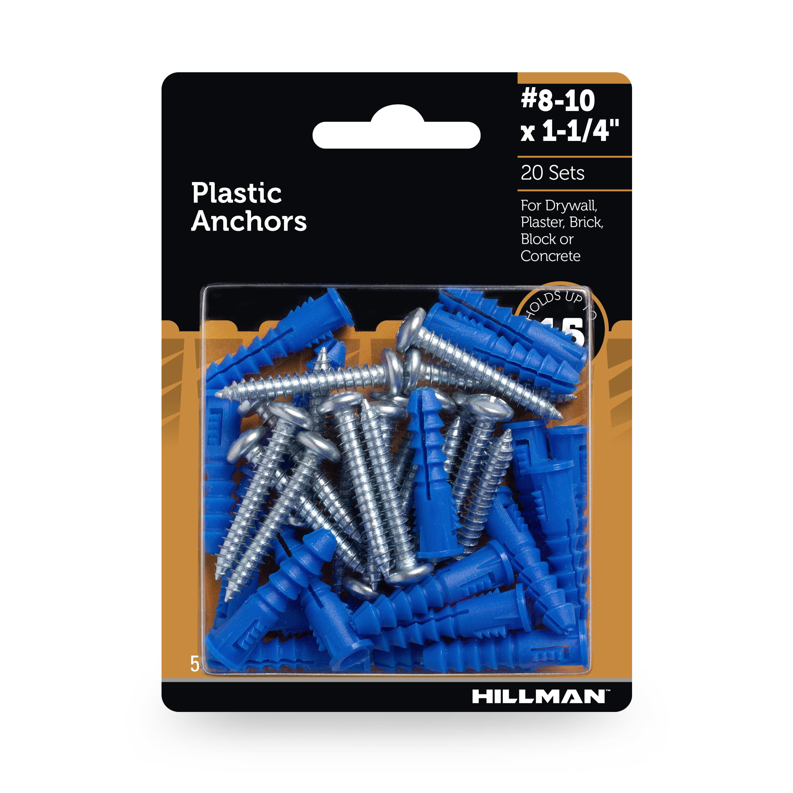 Hillman Plastic Anchors with Screws, 810 1.25", Holds up 15lbs, 20