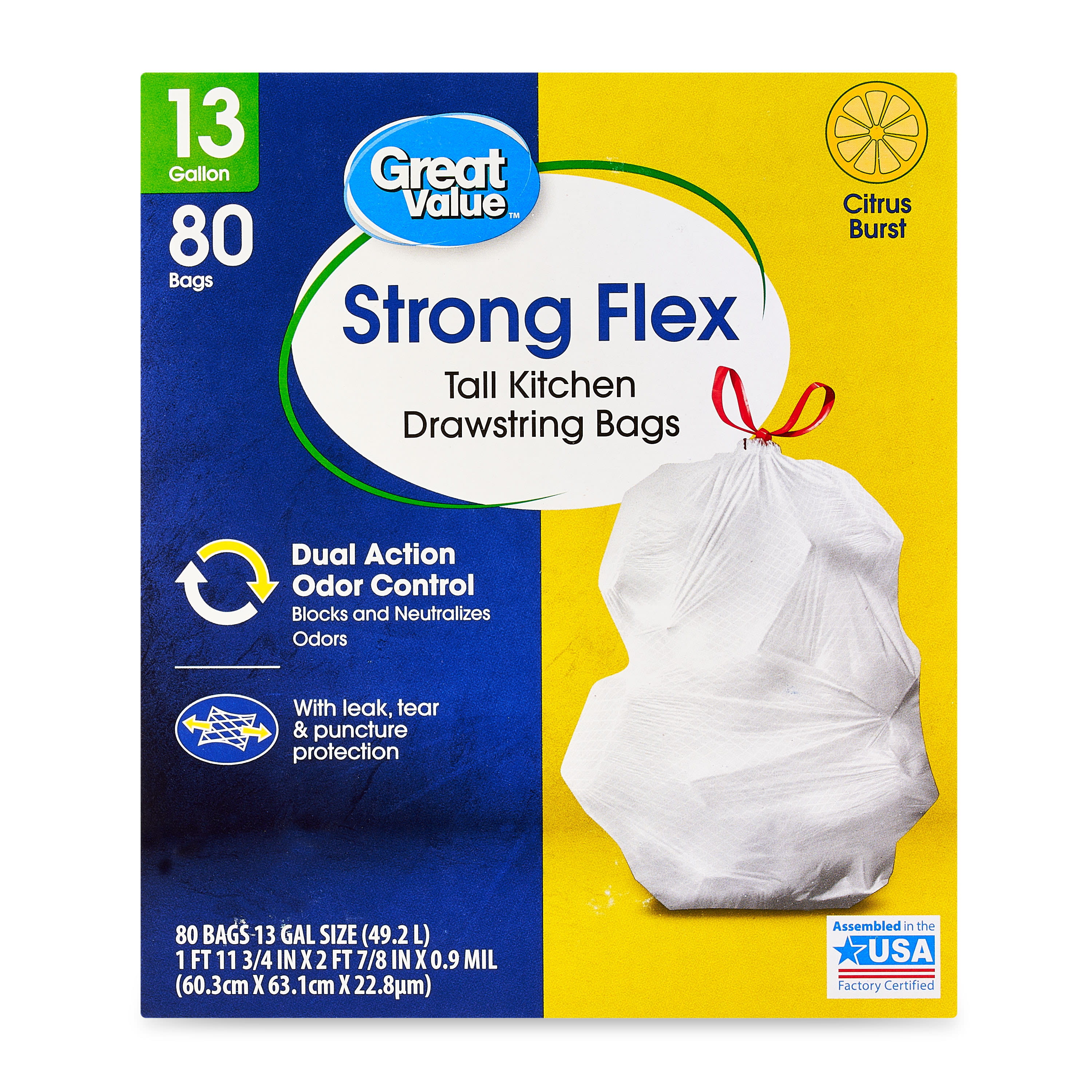 Great Value 33-Gallon Drawstring Strong Flex Multi-Purpose Trash Bags, 20 Bags - 40