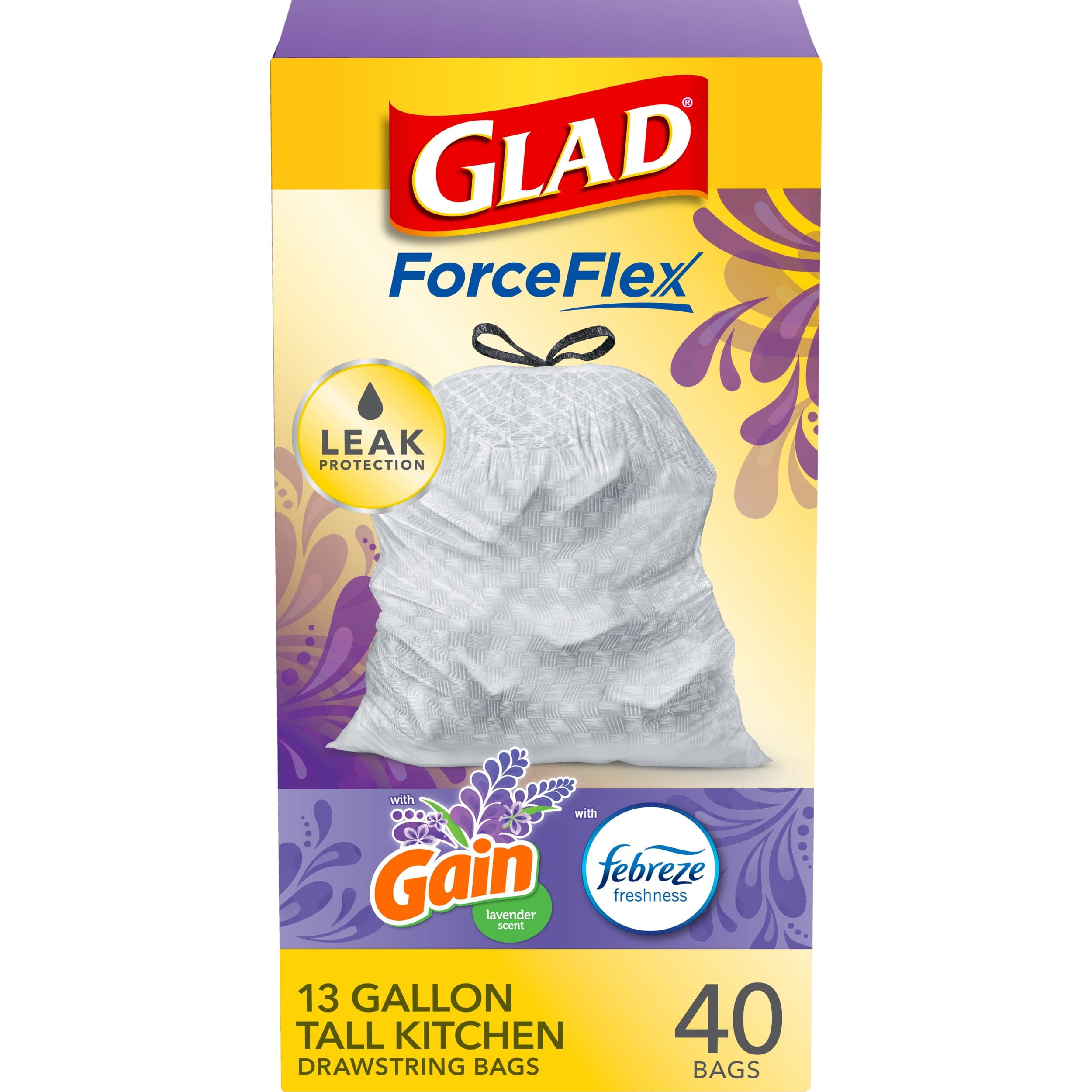 Glad ForceFlexPlus Tall Kitchen Drawstring Trash Bags, Febreze