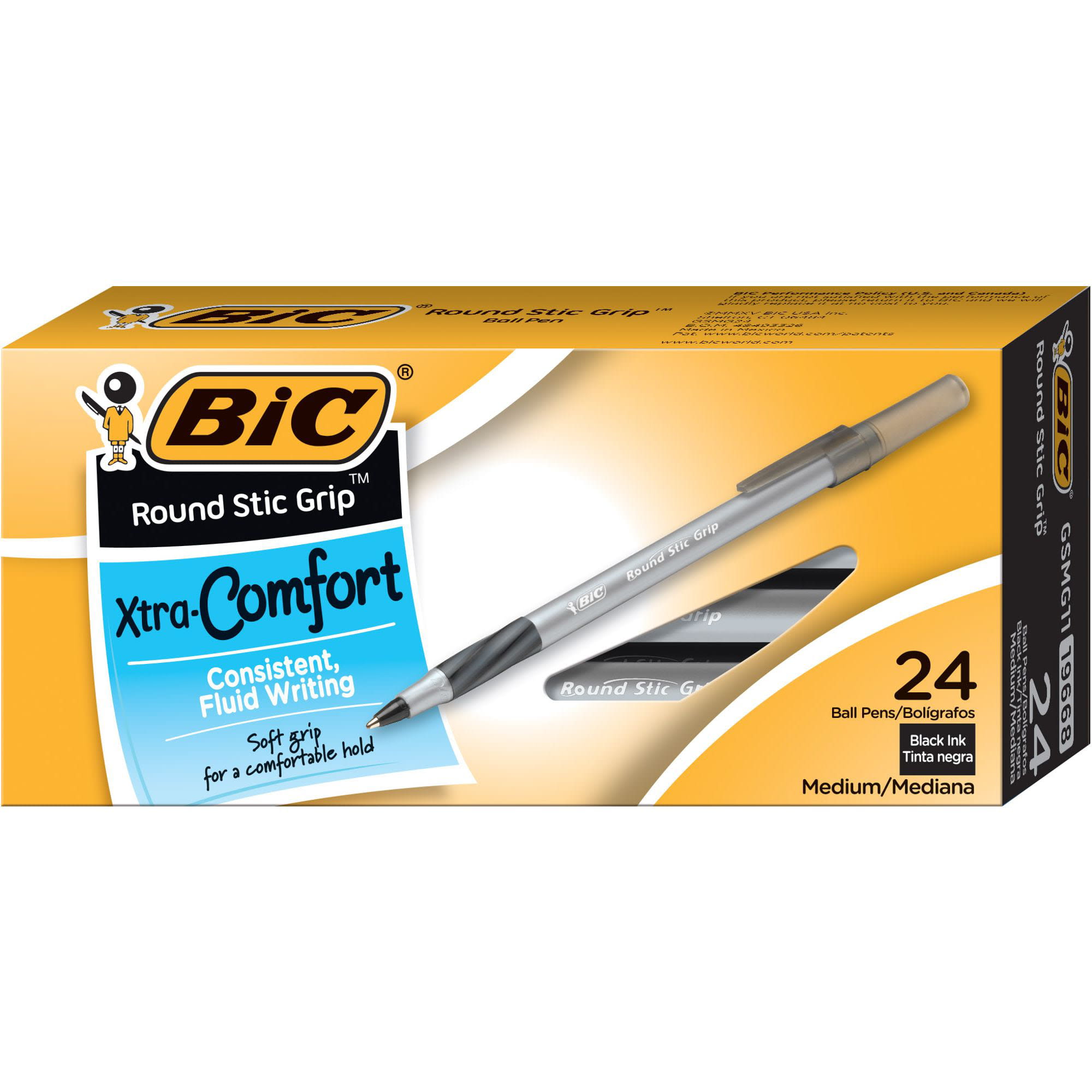 BIC Round Stic Grip Xtra Comfort Ball Pen, Classic Medium Point (1.2 mm) --  Box of 24 Black Pens, Smooth Writing Experience - DroneUp Delivery
