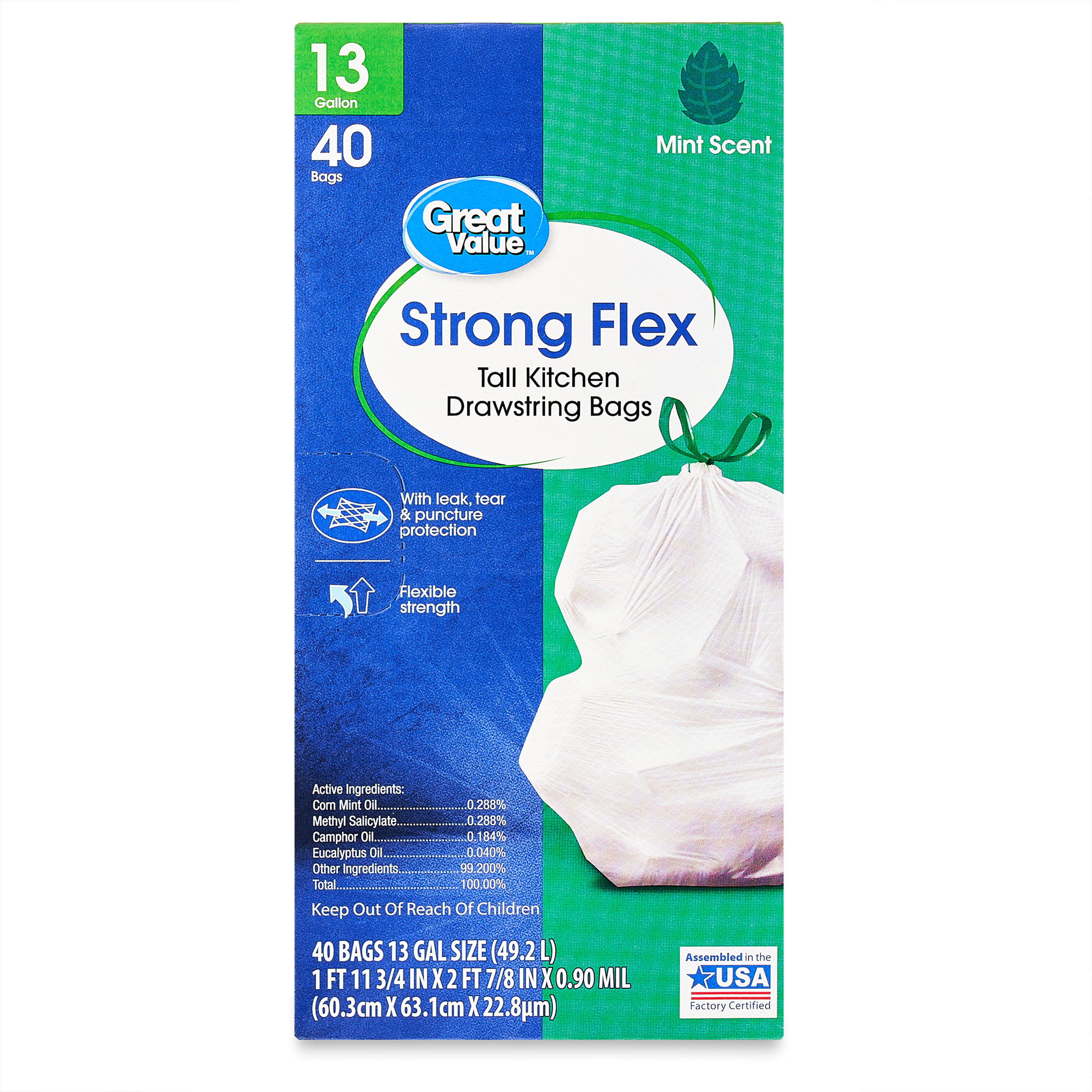 Great Value Strong Flex 13 Gallon Tall Kitchen Trash Bags, Mint Scent, 40  Count - DroneUp Delivery