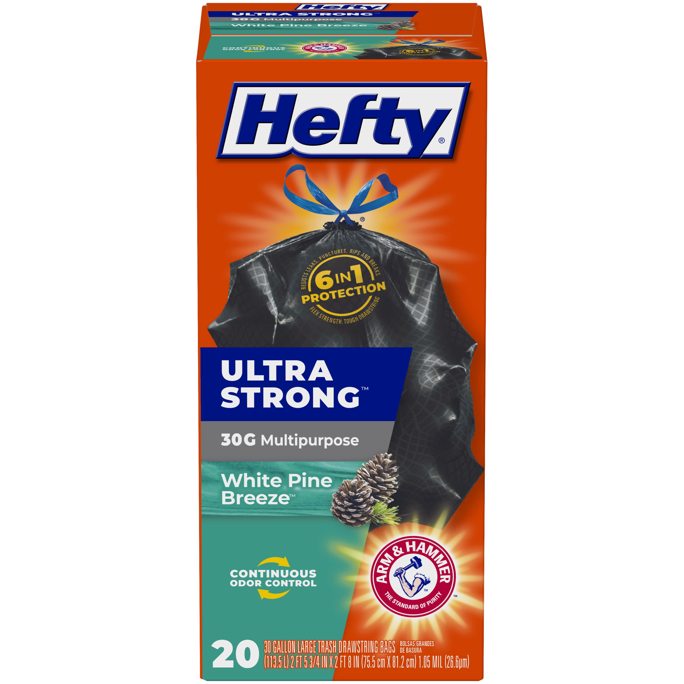 Hefty Ultra Strong Multipurpose Large Trash Bags, Black, 30 Gallon, 20 Count,  White Pine Breeze Scent - DroneUp Delivery