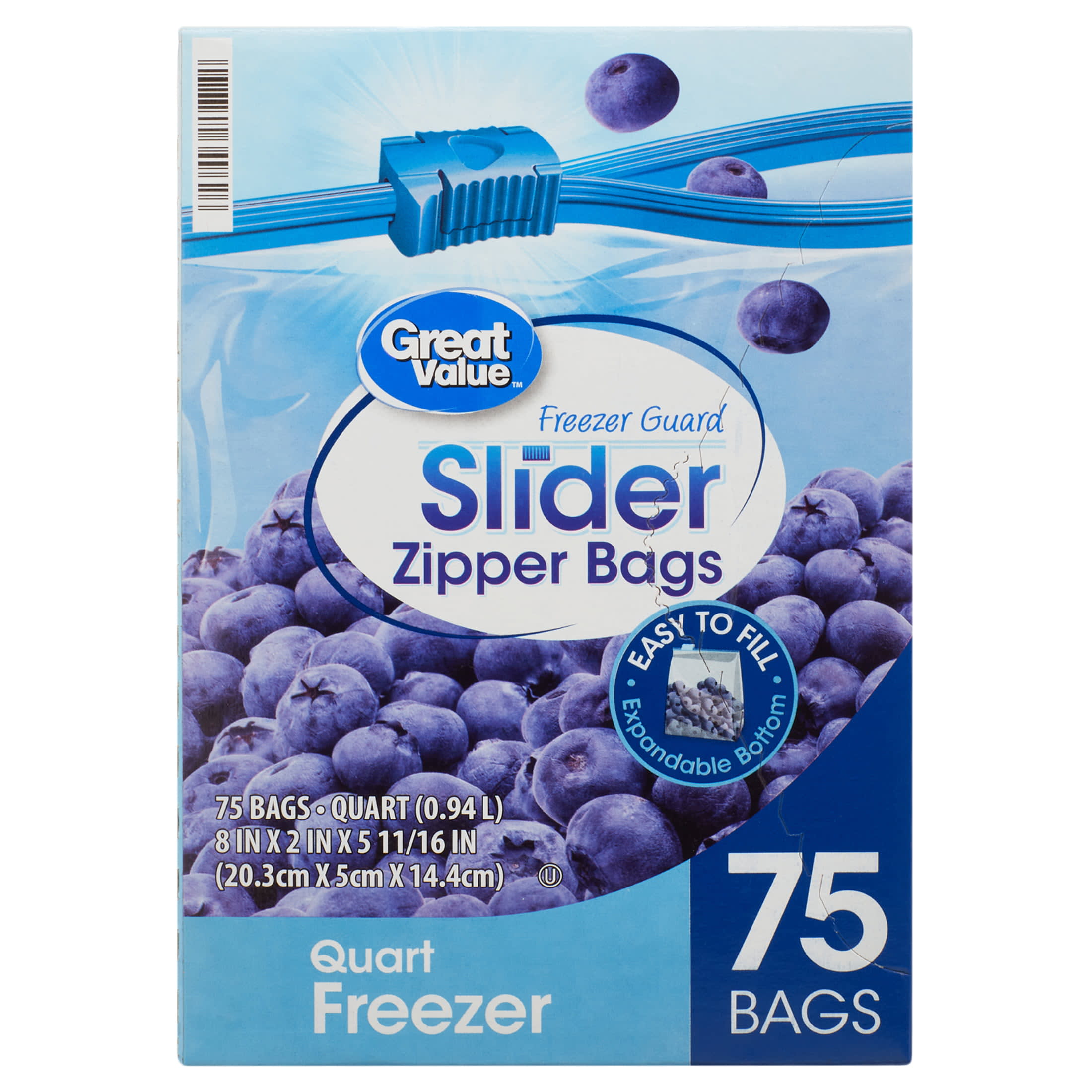 Great Value Fresh Seal Slider Zipper Bags, Quart Storage, 75 Count