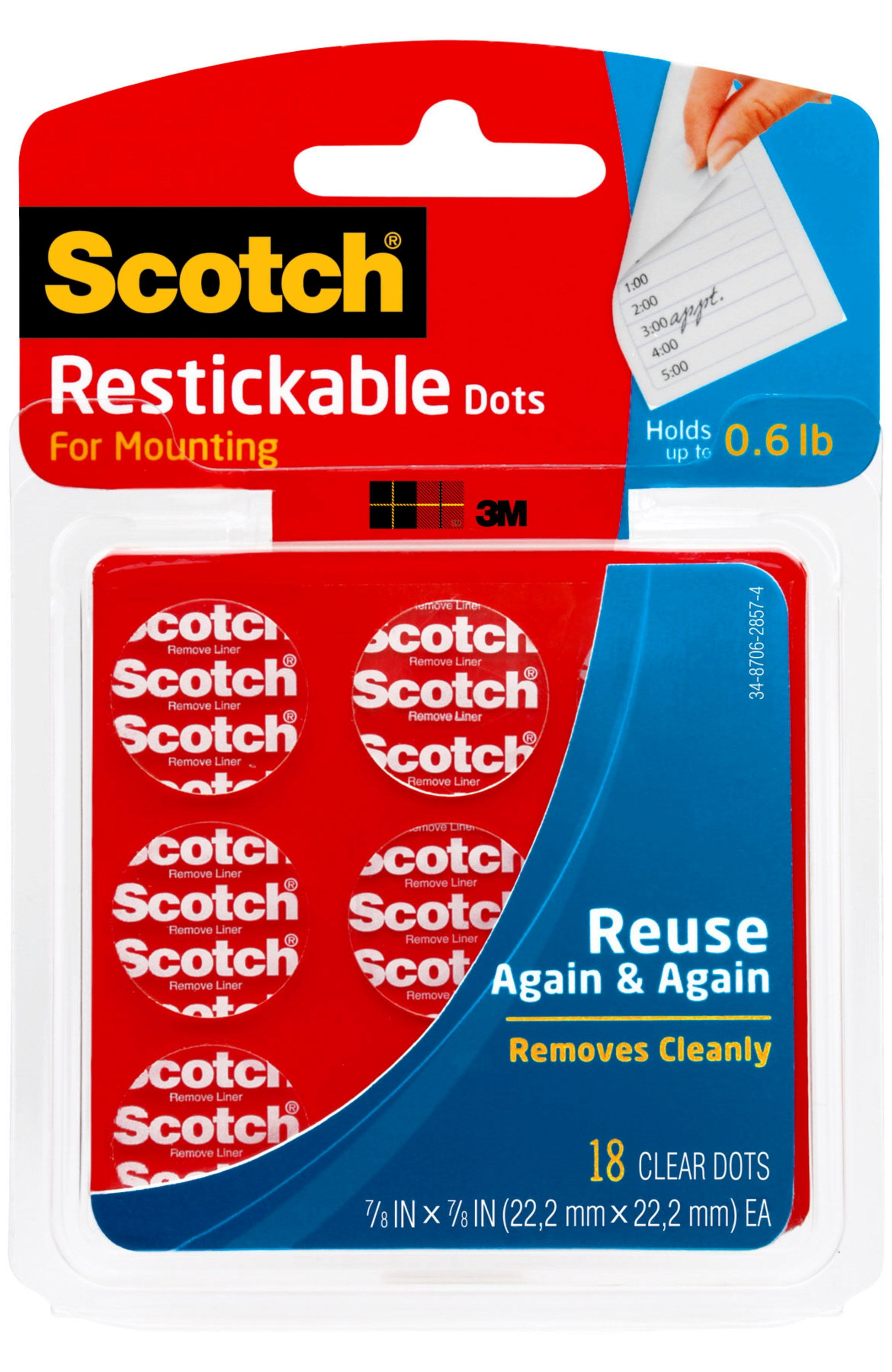 Scotch Restickable Double-Sided Adhesive Dots 7/8-inch x 7/8-inch Clear 18- Dots