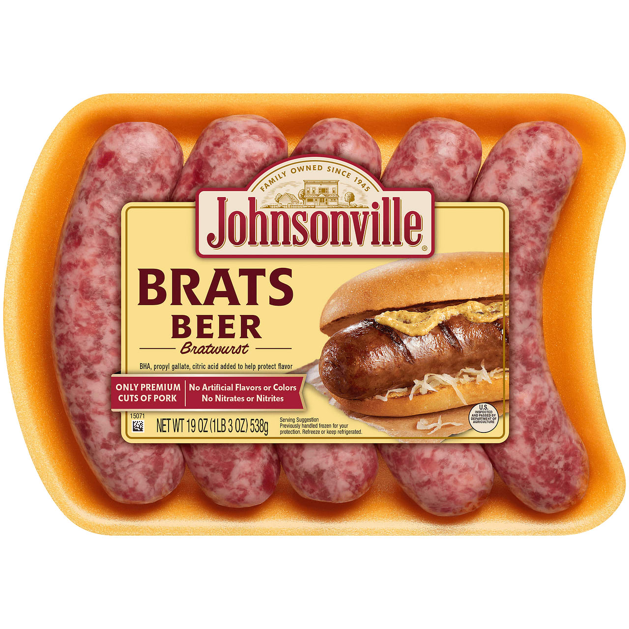 Johnsonville Beer Bratwurst, Pork Sausage Links, 5 Count, 19 oz.