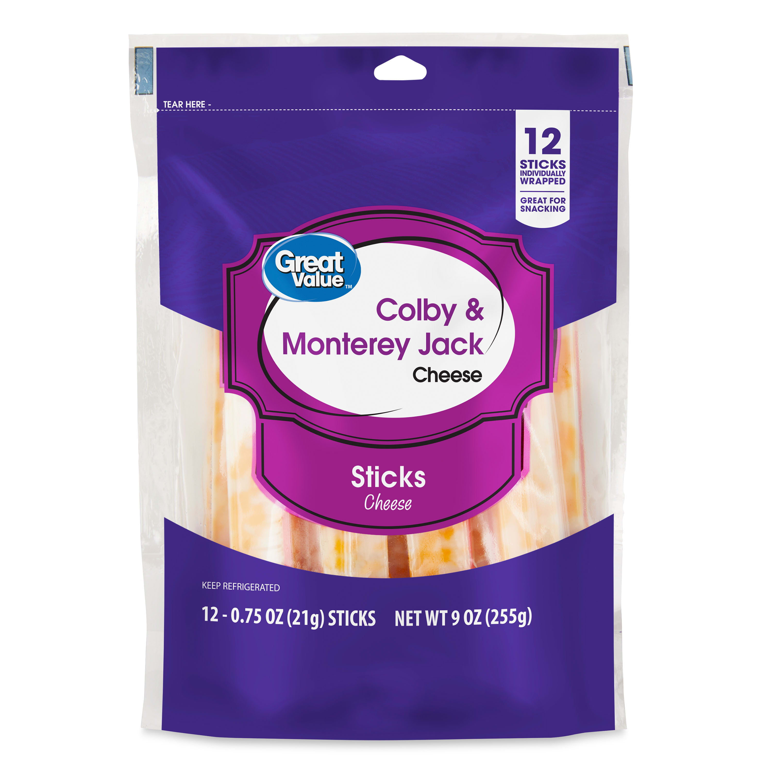 Great Value Gluten Free Colby & Monterey Jack Cheese Sticks, 9 oz, 12