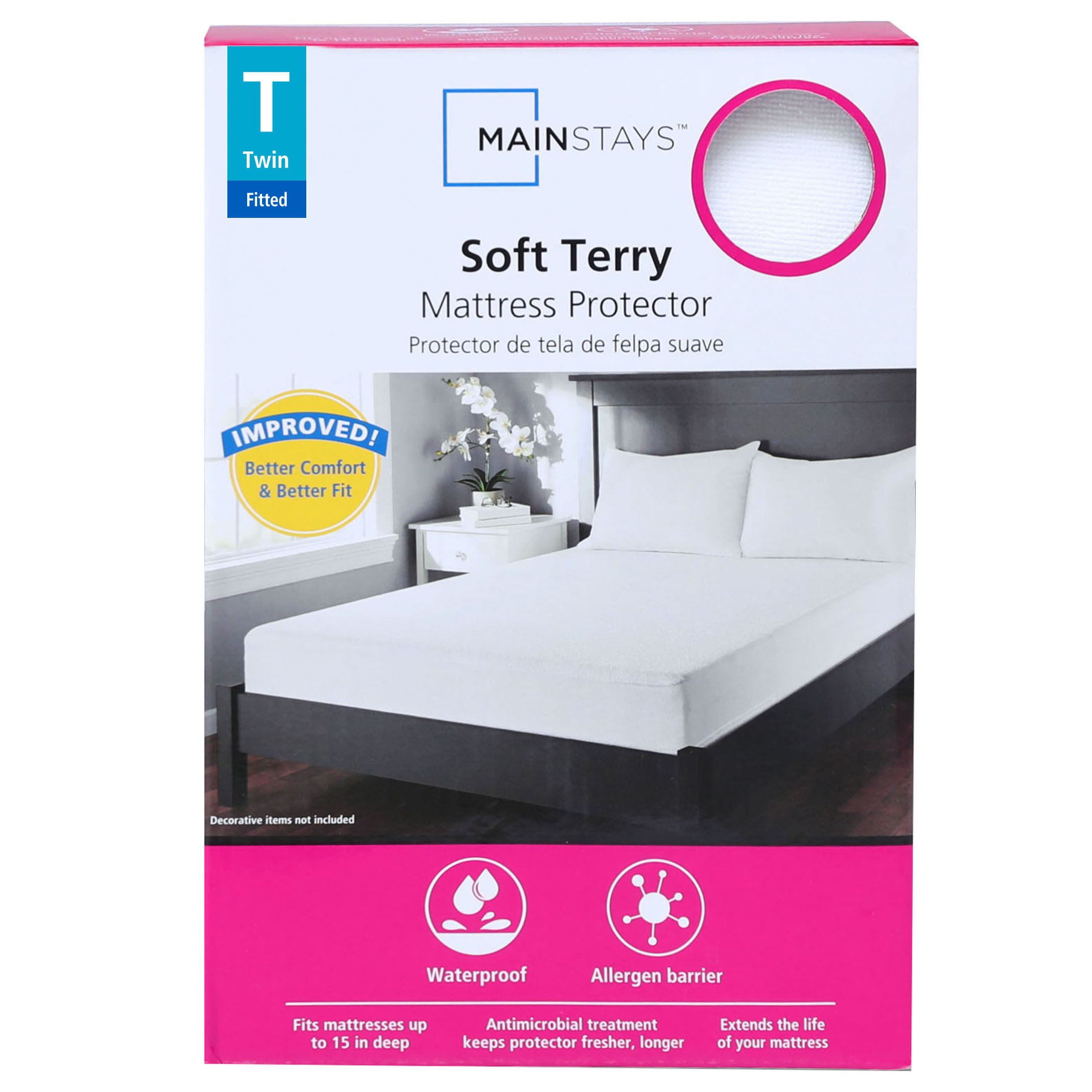 Mainstays Soft Terry Waterproof Fitted Mattress Protector, Queen