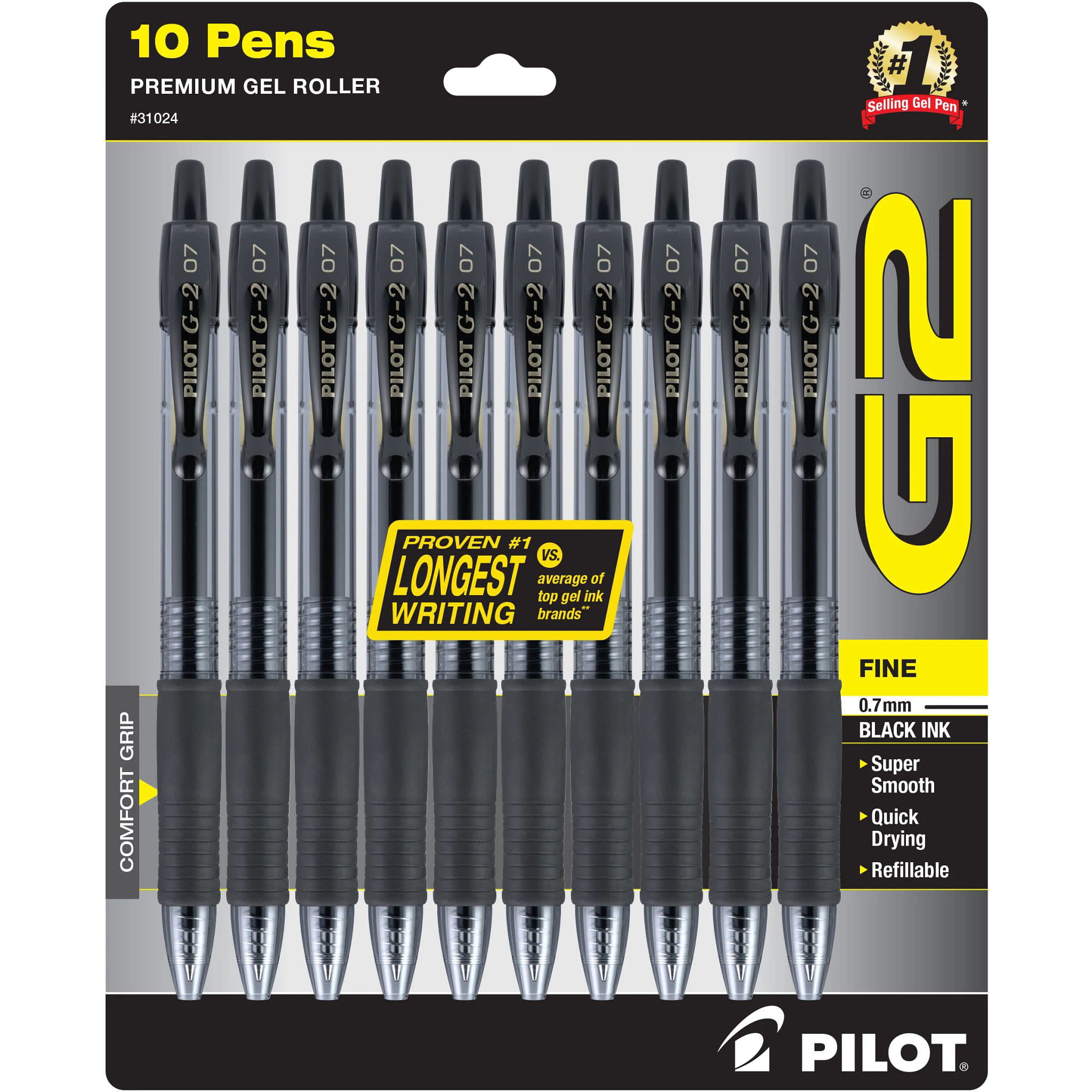 Pilot G2 Retractable Gel Ink Pens, Fine Point, Black, 10 Count