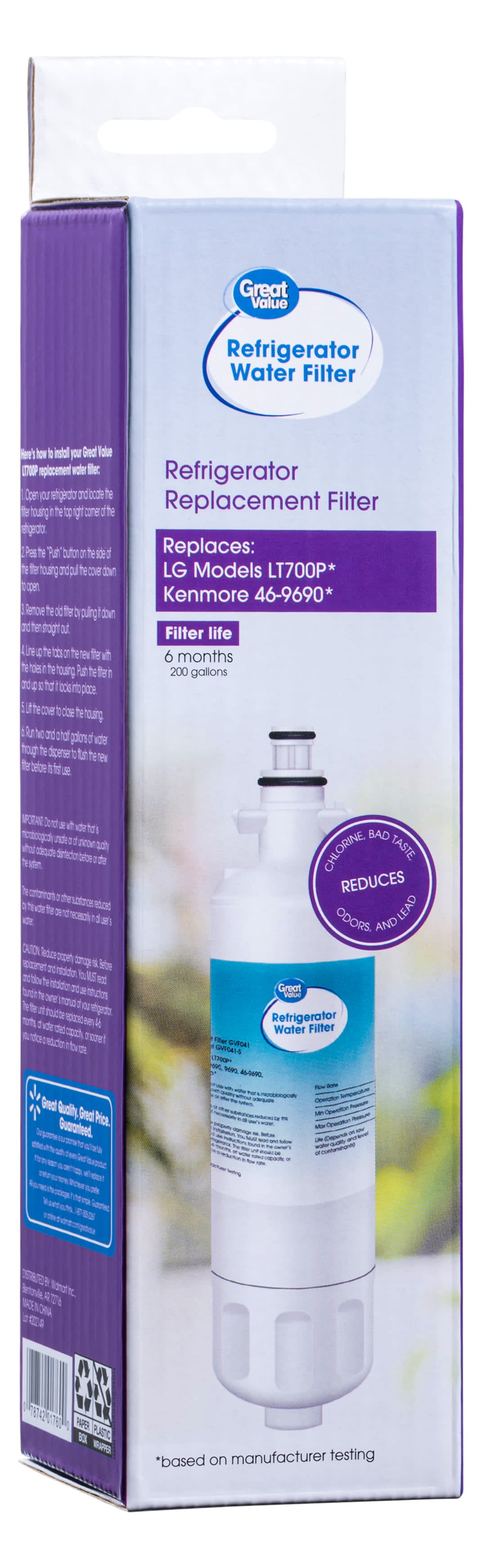 Great Value Replacement Refrigerator Water Filter, LG LT700P and Kenmore 469690, 1 Pack