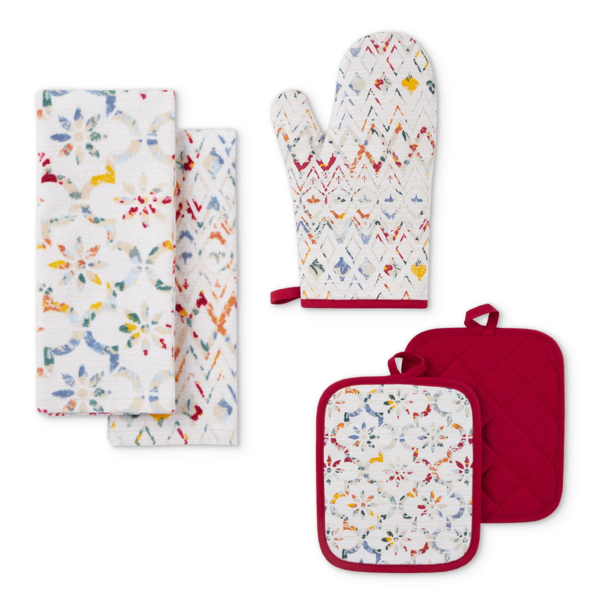 Mainstays Kitchen Towel, Oven Mitt & Pot Holder Kitchen Set, 5