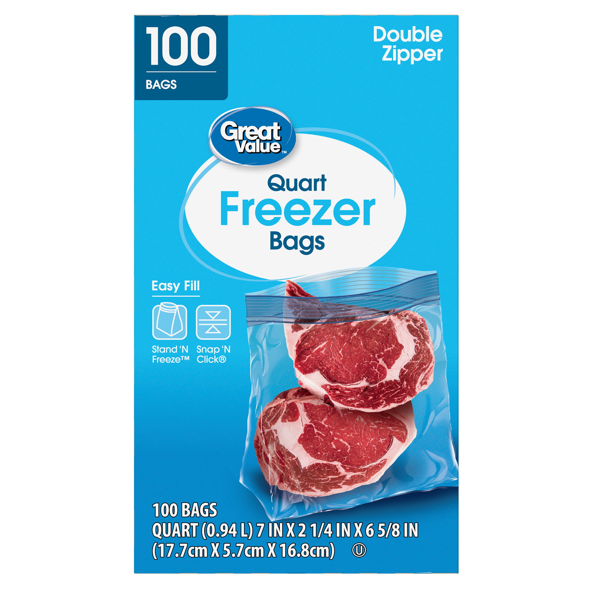 Great Value Freezer Guard Double Zipper Freezer Bags, Quart, 100