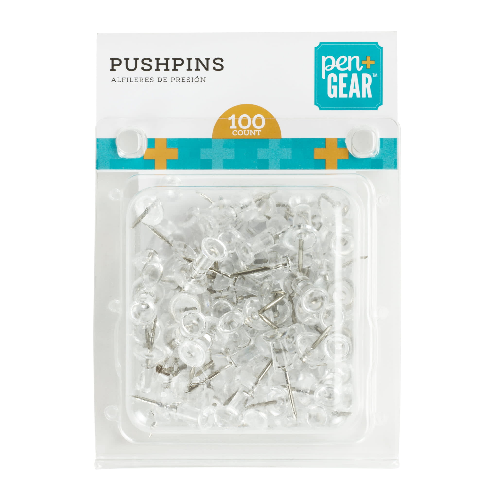 Pen + Gear Push Pins in Clamshell, Clear Plastic Head, Steel Point