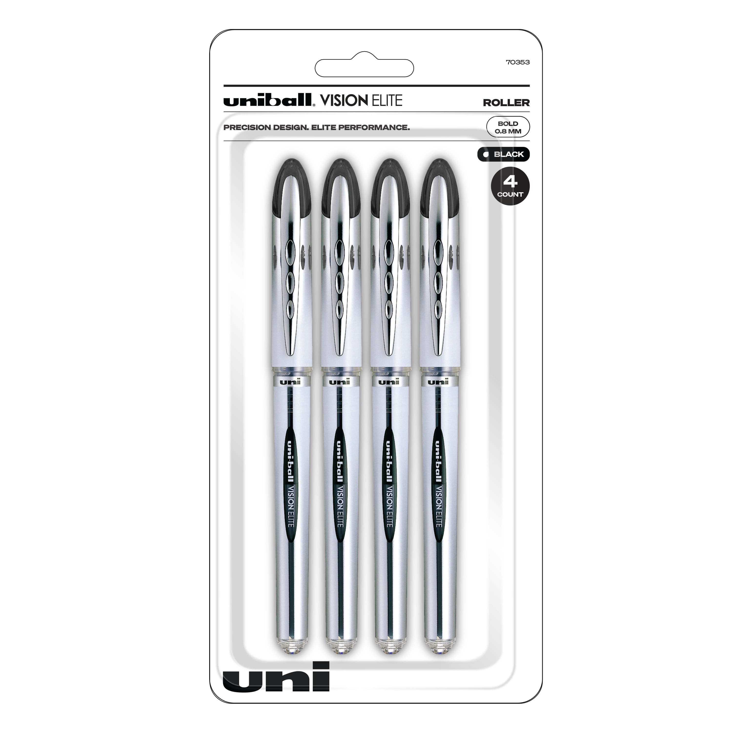 uniball Vision Elite Rollerball Pen, Bold Point, 0.8 mm, Black Ink, 4 Count  - DroneUp Delivery