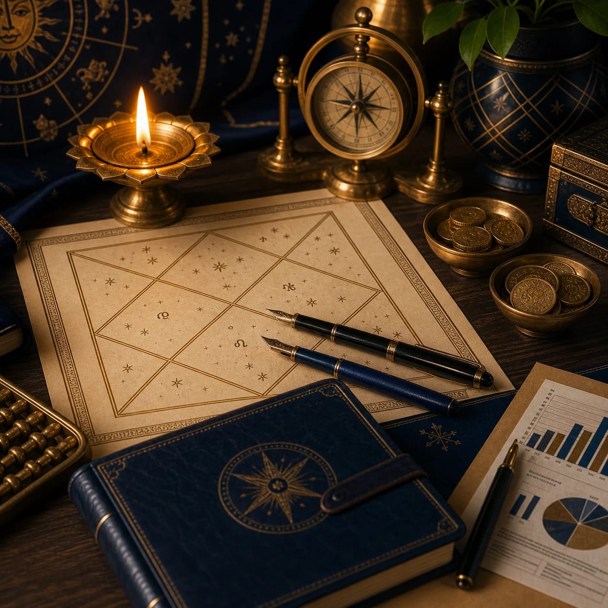 Kundali chart, brass coins, paired fountain pens, ledger, and compass for business opening timing