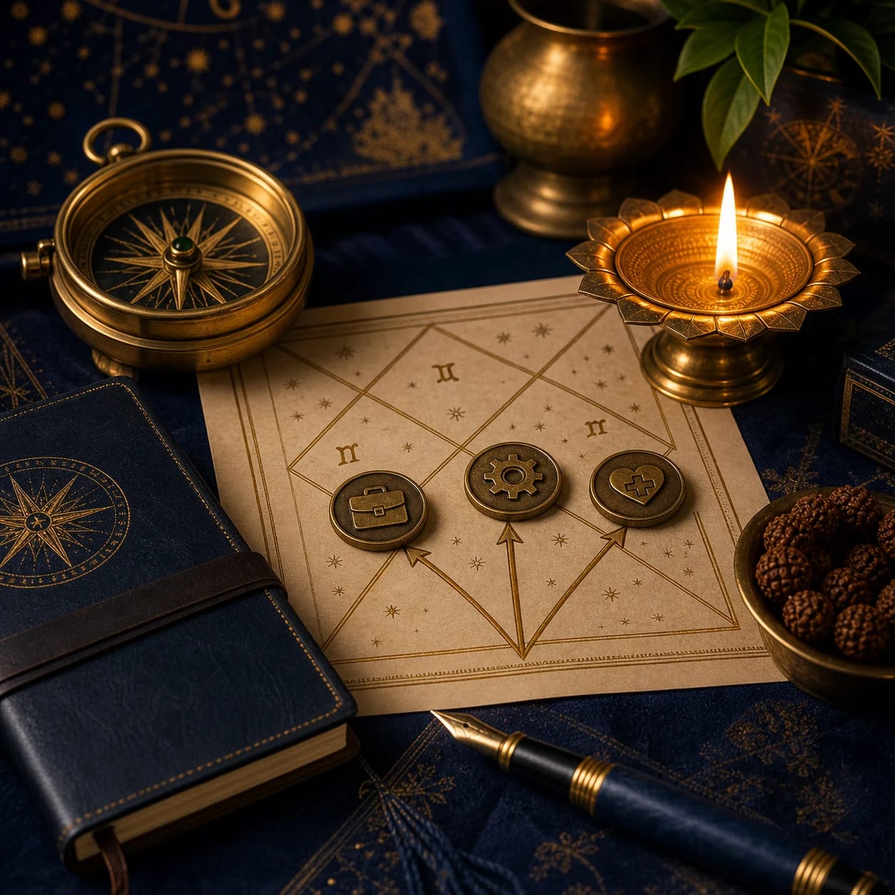 Kundali chart, directional compass, planning journal, and decision markers for life direction guidance