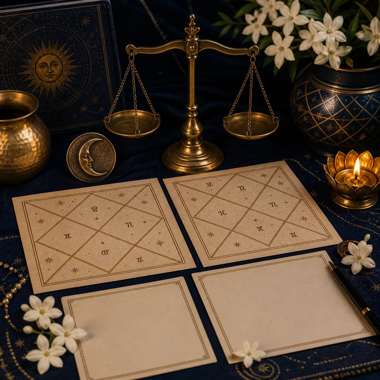 Two kundali charts, a brass balance scale, moon disc, blank conversation cards, jasmine, and diya