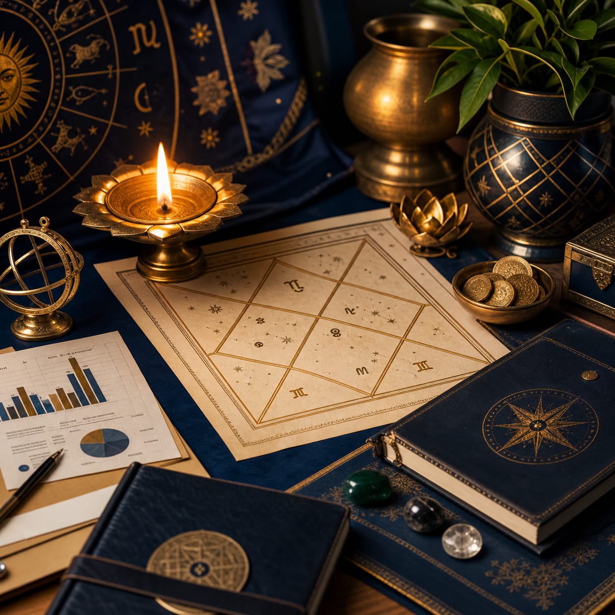 Astrology desk with kundali chart and business planning materials