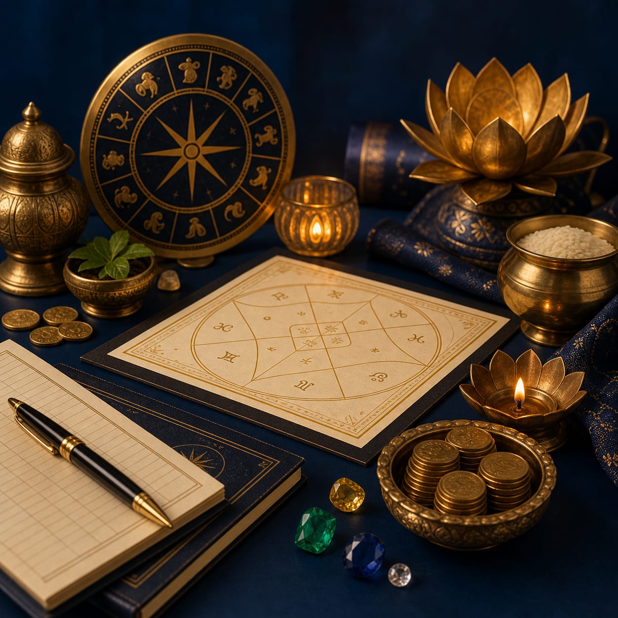 Gemstones and prosperity objects arranged for remedy guidance