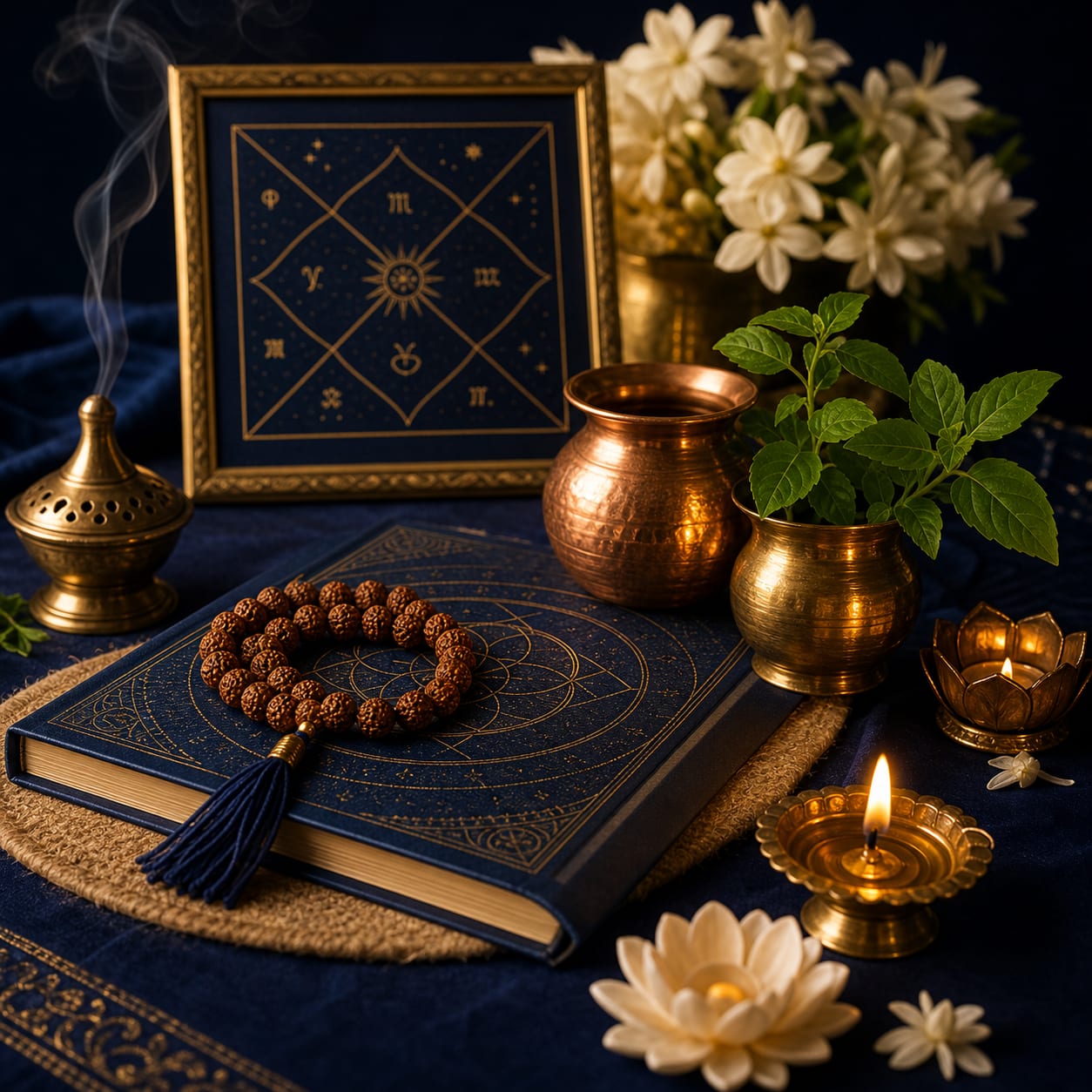Rudraksha, tulsi, diya, and sacred wellness objects for non-gem remedies