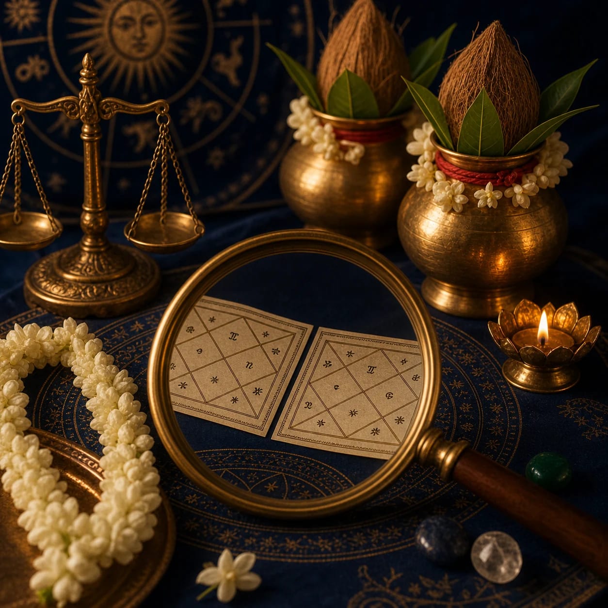 Two kundali charts under a brass magnifying lens with a balance scale and matching kalash