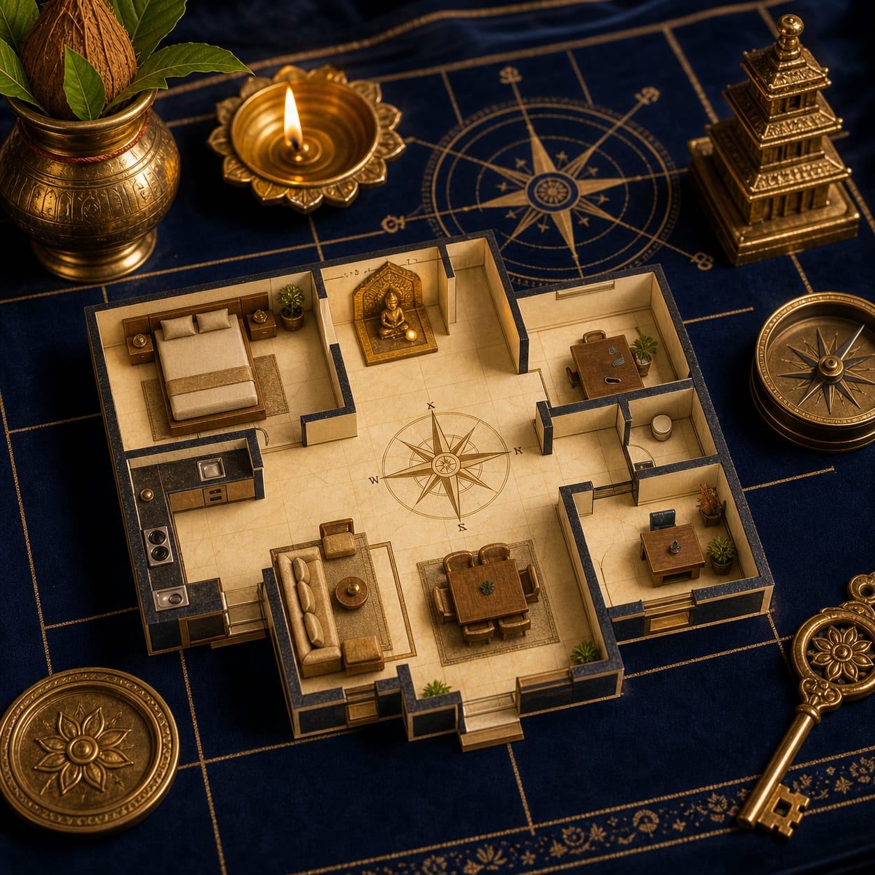 Vastu room placement model with bedroom, kitchen, puja room, and work desk