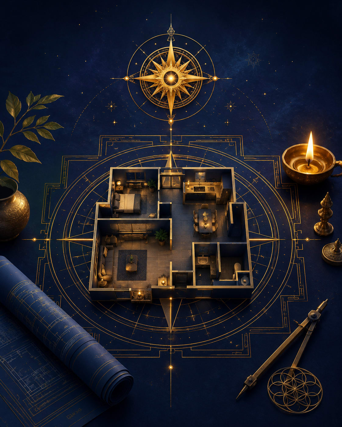 Premium Vastu consultation visual with floor plan and compass