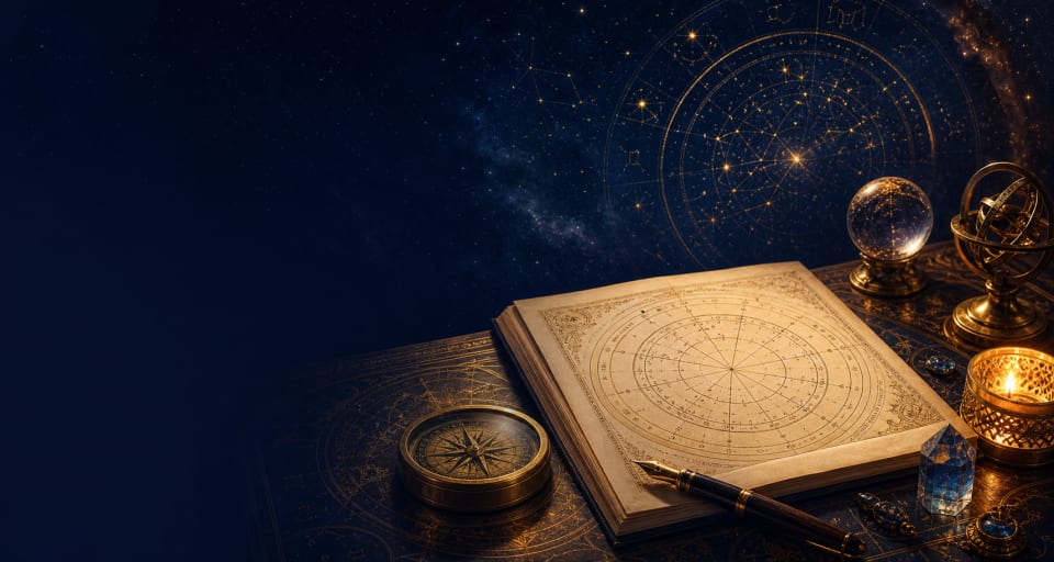 Astrology consultation desk with celestial calendar and journal