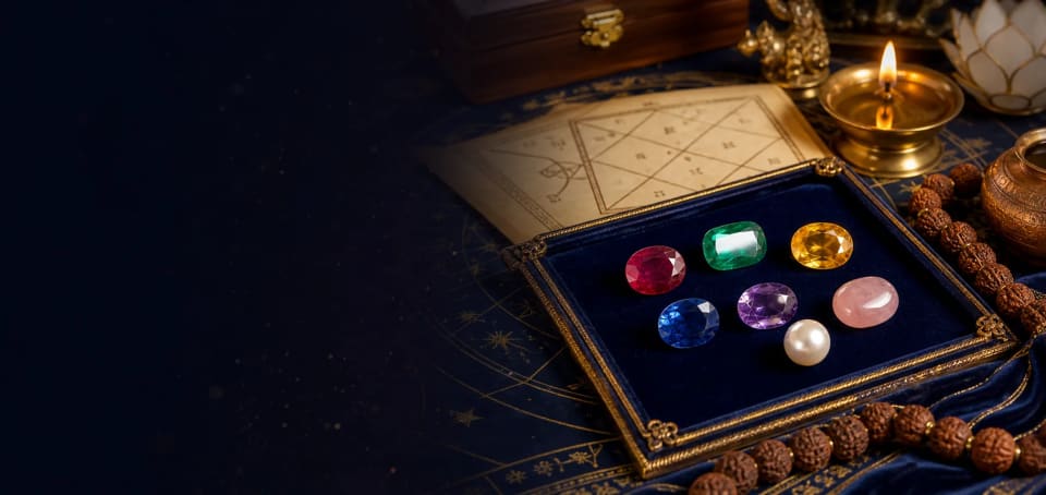 Gemstone recommendation consultation desk with gemstones, rudraksha, kundali chart, and diya