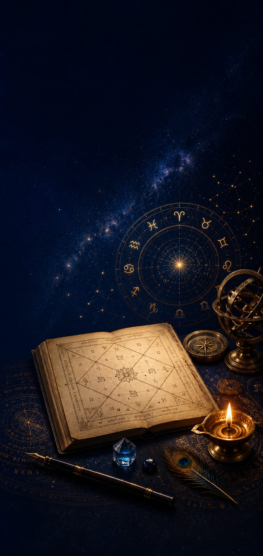 Astrology consultation desk with kundali chart and sacred elements