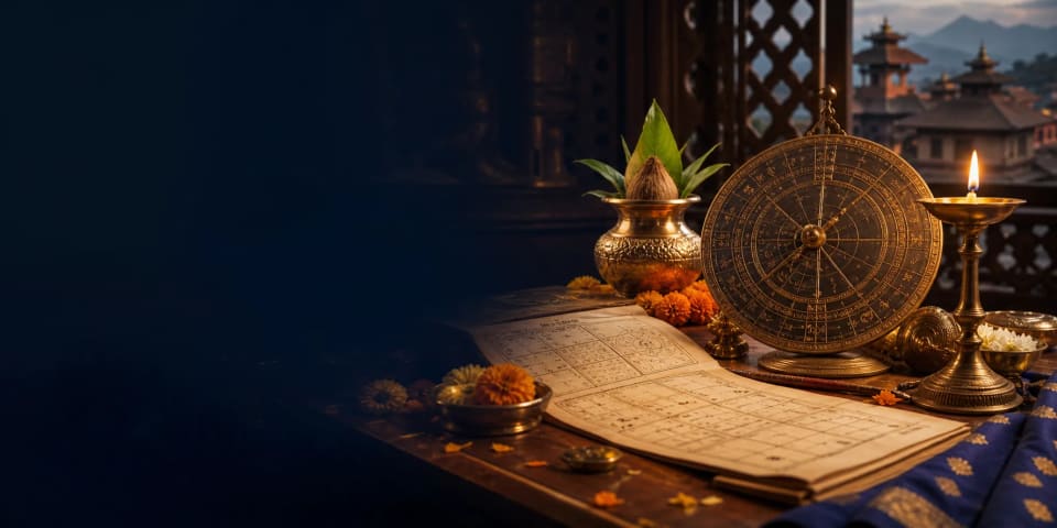 Mahurat consultation desk with panchang calendar, diya, kalash, and timing chart