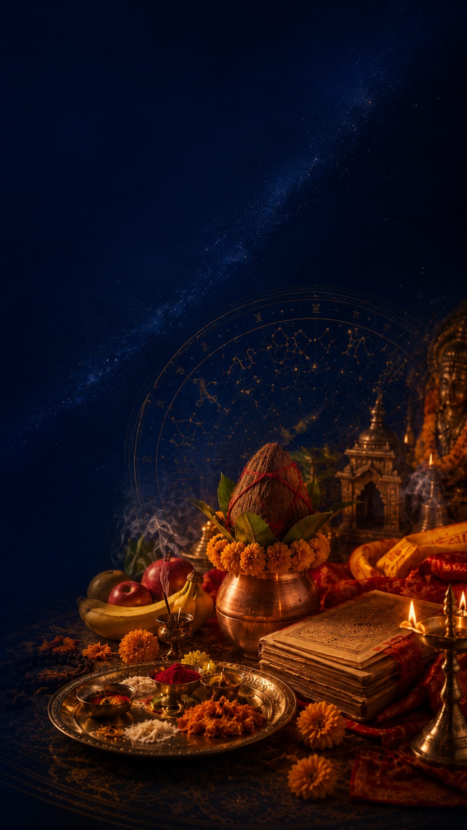 Traditional puja setting with sacred lamp and offerings