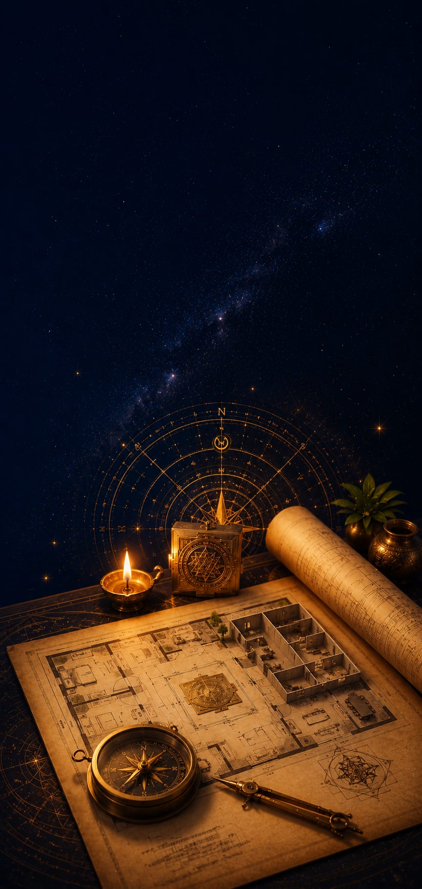 Vastu consultation desk with floor plan, compass, sacred geometry, diya, and architectural elements