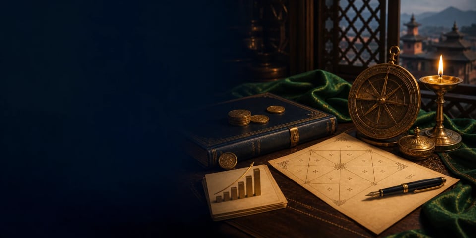 Business astrology desk with kundali chart, navy ledger, coins, compass, graph, and fountain pen