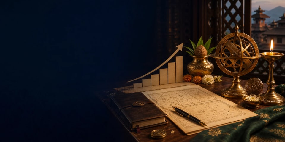 Career astrology desk with kundali chart, brass armillary, planning notebook, graph, and diya
