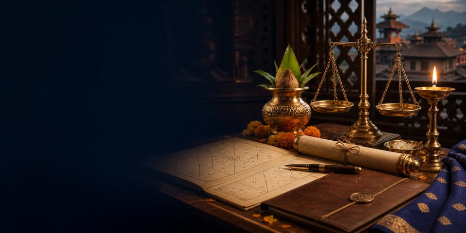 Court case astrology desk with kundali chart, balance scale, document scroll, folder, pen, and diya