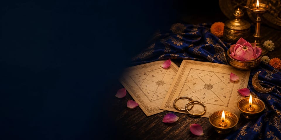 Relationship astrology desk with paired kundali charts, lotus petals, moon motif, and warm diyas