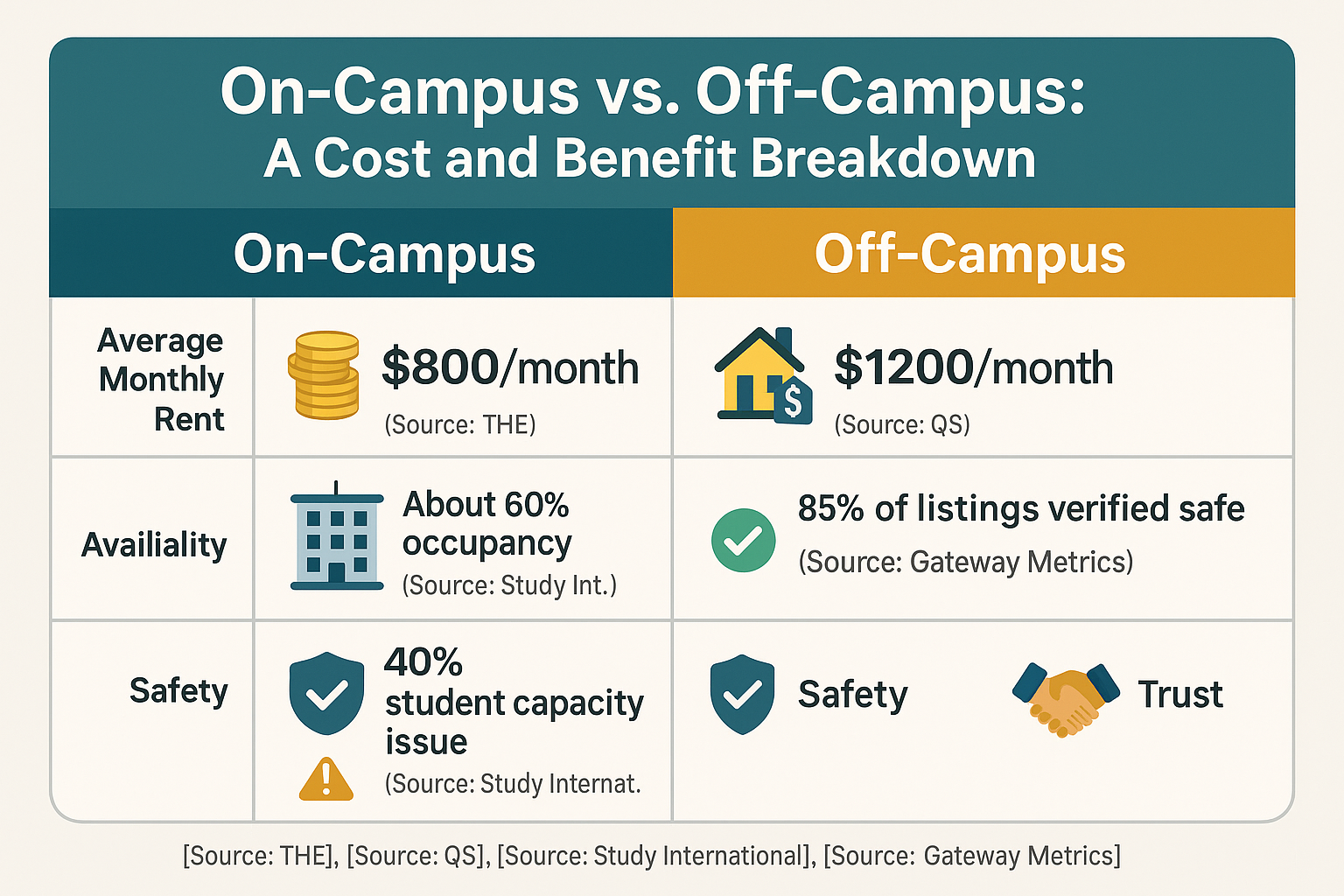 Comprehensive comparison table of on-campus versus off-campus housing showing costs, benefits, and considerations