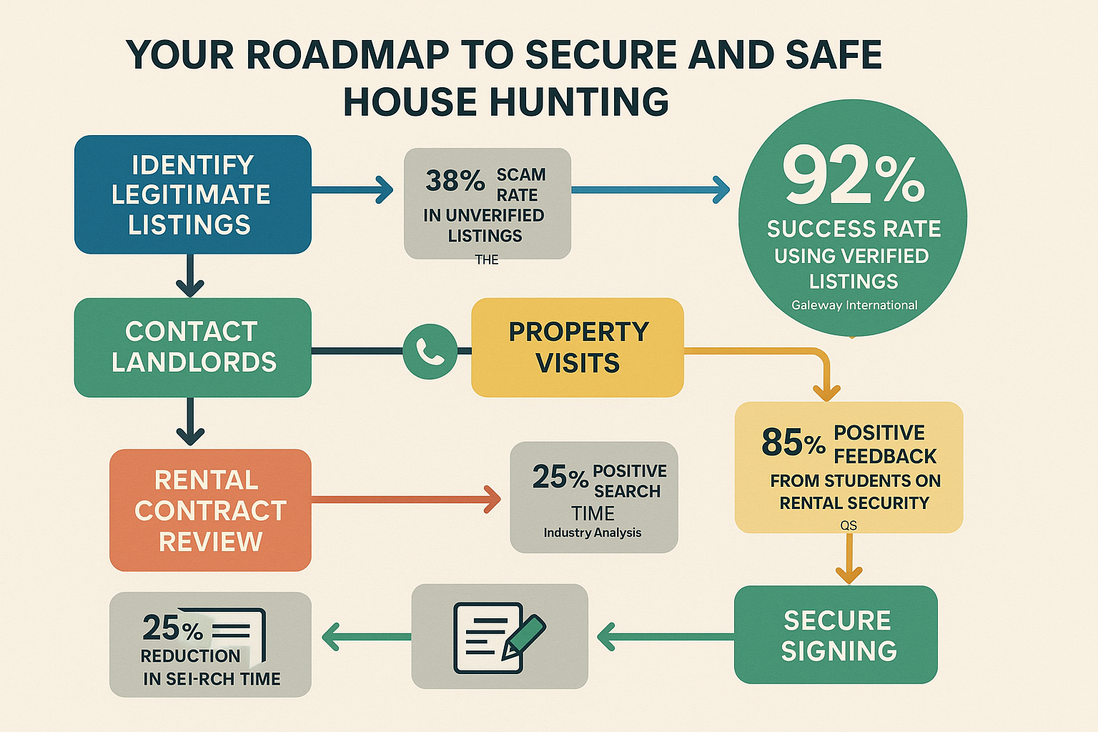 Detailed flowchart showing step-by-step safe house hunting process including document verification and landlord checks