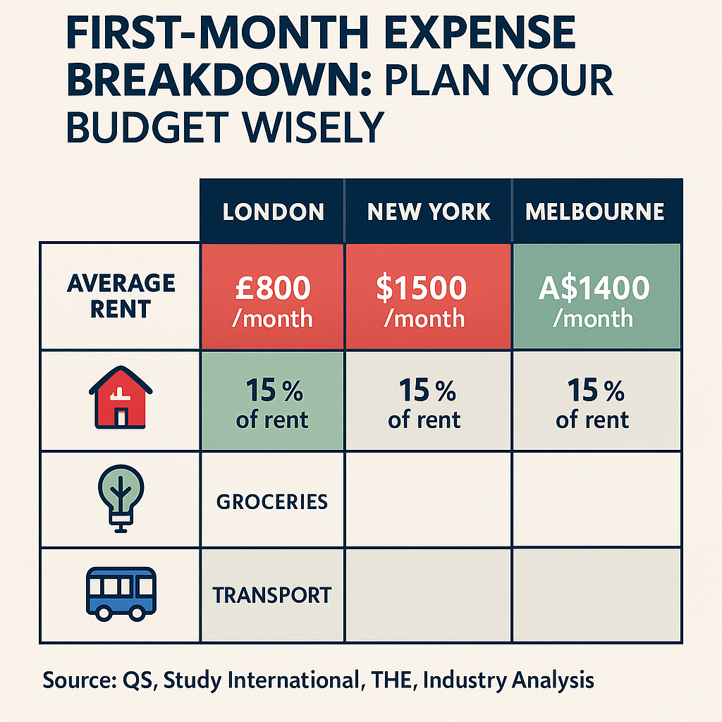 Comprehensive table showing first-month living expenses for international students across major study destinations